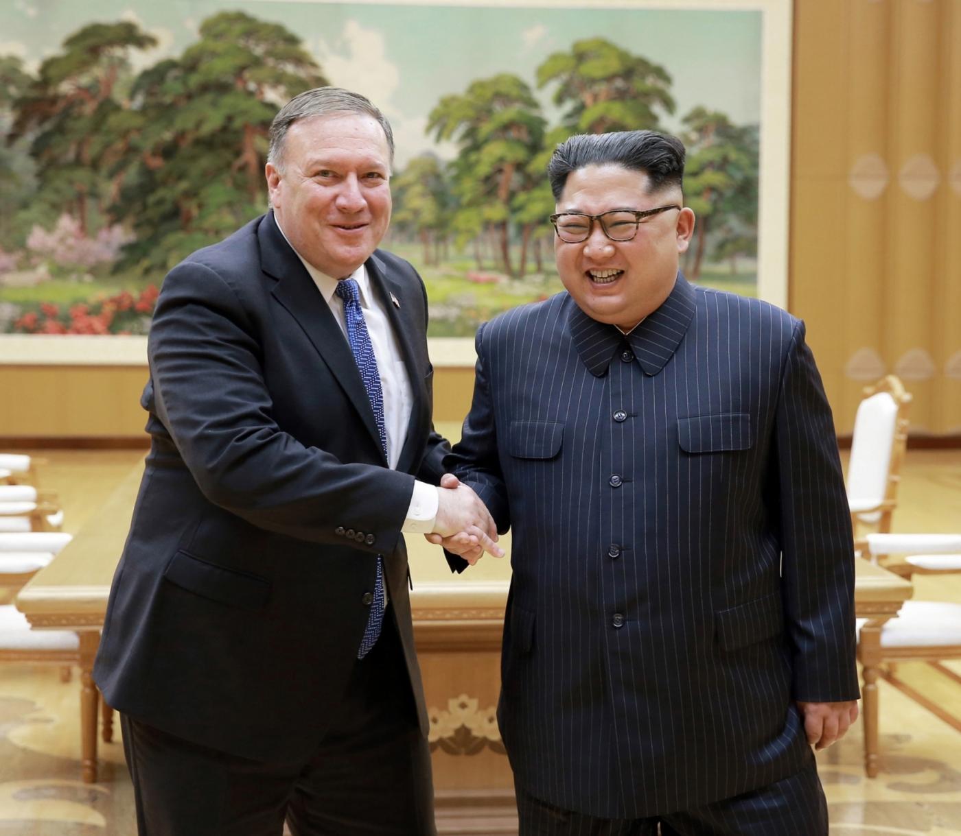 PYONGYANG, May 10, 2018 (Xinhua) -- Photo provided by the Korean Central News Agency (KCNA) on May 10, 2018 shows Kim Jong Un (R), top leader of the Democratic People's Republic of Korea (DPRK), shaking hands with visiting U.S. Secretary of State Mike Pompeo on May 9, 2018. Kim Jong Un expressed confidence that his upcoming summit meeting with U.S. President Donald Trump would be a historic one. (Xinhua/KCNA/IANS) by . 