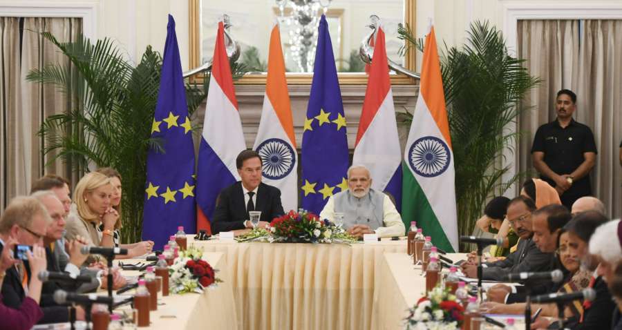New Delhi: Prime Minister Narendra Modi and his Dutch counterpart Mark Rutte during the India-Netherlands CEOs Round table meeting, at Hyderabad House in New Delhi on May 24, 2018. (Photo: IANS/PIB) by . 