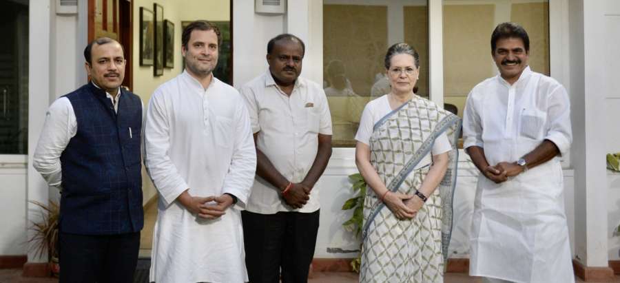 New Delhi: JD(S) leader Danish Ali and Karnataka Chief Minister designate H.D. Kumaraswamy call on Congress President Rahul Gandhi and UPA chairperson Sonia Gandhi in New Delhi, on May 21, 2018. Also seen Congress leader DK Shivakumar. (Photo: IANS) by .