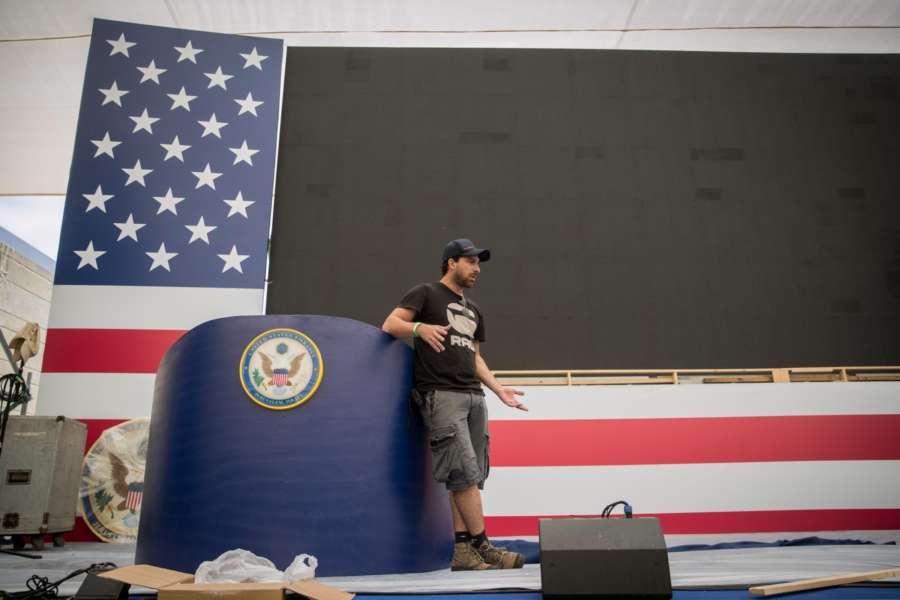 JERUSALEM, May 13, 2018 (Xinhua) -- A worker prepares the stage for the opening ceremony of the new U.S. embassy in Jerusalem on May 13, 2018. Israel prepares on Sunday for the opening ceremony of the new U.S. embassy in Jerusalem on Monday, a move that has sparked Palestinian protests. (Xinhua/JINI/IANS) by . 
