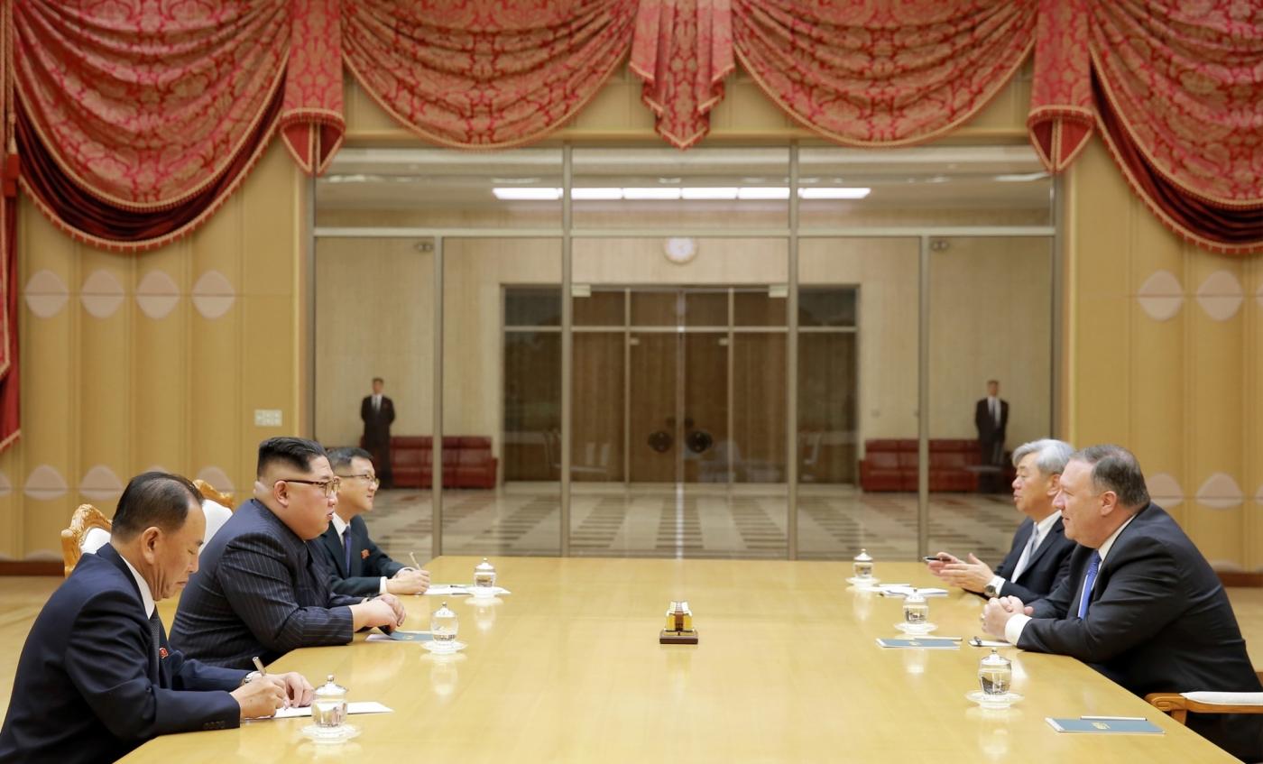 PYONGYANG, May 10, 2018 (Xinhua) -- Photo provided by the Korean Central News Agency (KCNA) on May 10, 2018 shows Kim Jong Un (2nd L), top leader of the Democratic People's Republic of Korea (DPRK), holding talks with visiting U.S. Secretary of State Mike Pompeo (1st R) on May 9, 2018. Kim Jong Un expressed confidence that his upcoming summit meeting with U.S. President Donald Trump would be a historic one. (Xinhua/KCNA/IANS) by . 