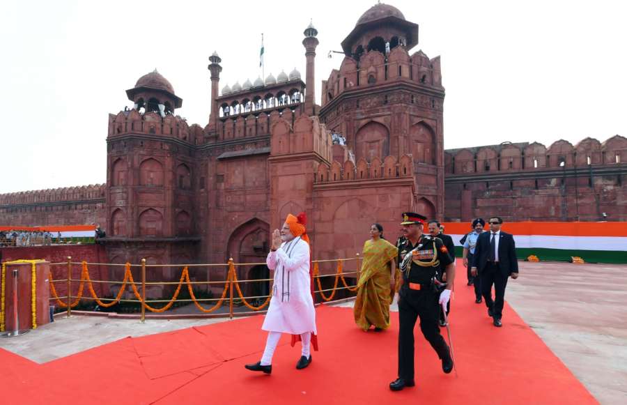 New Delhi: Prime Minister Narendra Modi walks towards the dais to address the Nation at the Red Fort, on the occasion of 72nd Independence Day, in Delhi on Aug 15, 2018. The Union Minister for Defence Nirmala Sitharaman and the Minister of State for Defence Subhash Ramrao Bhamre are also seen. (Photo: IANS/PIB) by . 