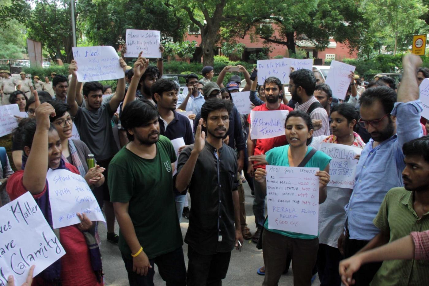 New Delhi: Students of Jawaharlal Nehru University (JNU) stage a demonstration against the Central Government over the situation of Kerala floods, in New Delhi on Aug 18, 2018. (Photo: IANS) by .