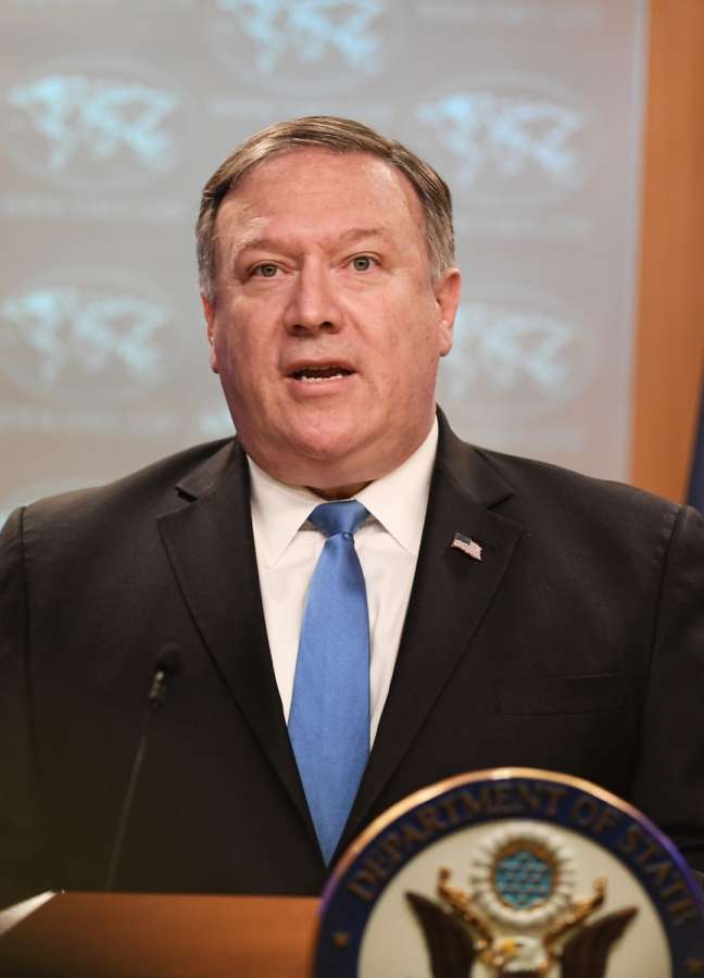 WASHINGTON, Aug. 16, 2018 (Xinhua) -- U.S. Secretary of State Mike Pompeo speaks during a press briefing in Washington D.C., the United States, Aug. 16, 2018. U.S. State Department on Thursday announced the creation of the Iran Action Group (IAG) to execute the administration's Iran strategy and pressure the country to change its behaviors. (Xinhua/Liu Jie/IANS) by . 