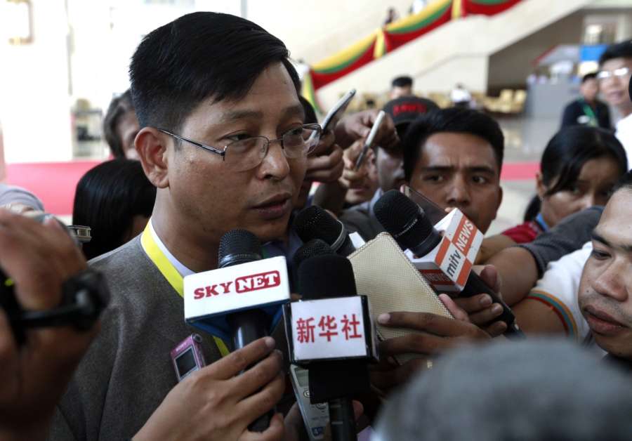 NAY PYI TAW, May 28, 2017 (Xinhua) -- U Zaw Htay (L), Director-General of the Office of the State Counselor's Office, speaks to media after attending the meeting of the Union Peace Dialogue Joint Committee (UPDJC) during the Second Meeting of Myanmar's 21st Century Panglong Peace Conference, in Nay Pyi Taw, Myanmar, May 27, 2017. The ongoing five-day Second Meeting of Myanmar's 21st Century Panglong Peace Conference, which was originally scheduled to close on Sunday, has been extended for one more day. (Xinhua/U Aung/IANS) (zy) by . 