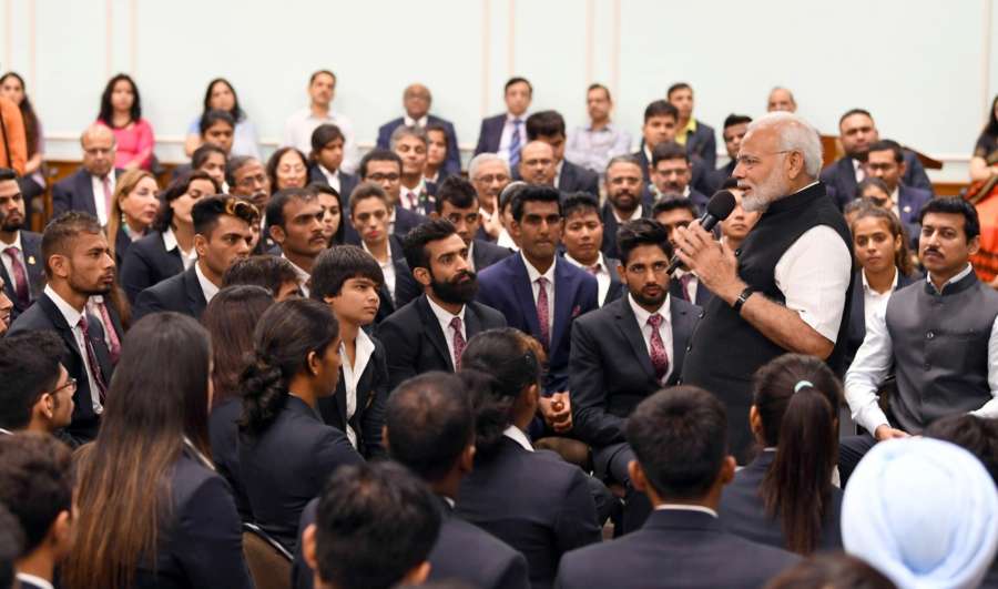 New Delhi: Prime Minister Narendra Modi during an interaction with18th Asian Games medal winners, in New Delhi on Sept 5, 2018. Also seen Union MoS Sports and Youth Affairs Rajyavardhan Singh Rathore. (Photo: IANS/PIB) by . 