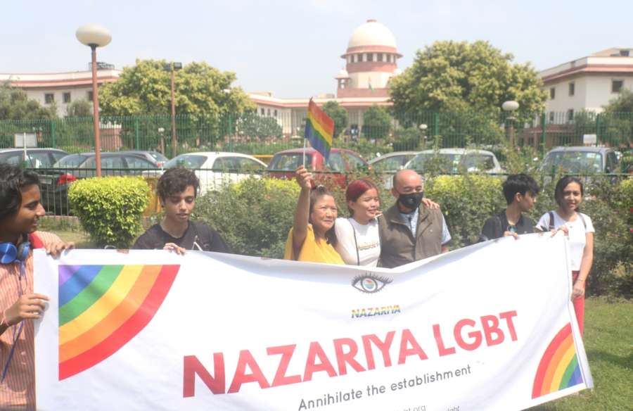 New Delhi: LGBTIQ (lesbian, gay, bisexual, transgender/transsexual, intersex and queer/questioning) supporters celebrate after the Supreme Court in a landmark decision decriminalised homosexuality by declaring Section 377, the penal provision which criminalised gay sex, as "manifestly arbitrary"; in New Delhi on Sept 6, 2018. (Photo: IANS) by . 