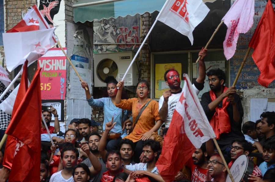 New Delhi: United Left supporters take out a victory march as they celebrate after the alliance won all the four top posts in the Jawaharlal Nehru University Students Union (JNUSU), leaving the ABVP and NSUI way behind; in New Delhi on Sept 16, 2018. (Photo: IANS) by . 