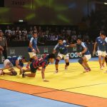 Dubai: Players in action during the second semi final of Kabaddi Masters Dubai between India and South Korea at the Al Wasl Sports Club, in Dubai on June 29, 2018. (Photo: IANS) by . 