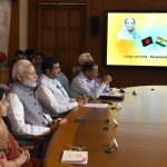 New Delhi: Prime Minister Narendra Modi and his Bangladeshi counterpart Sheikh Hasina jointly unveil e-plaques for the ground-breaking ceremony of two projects - India-Bangladesh Friendship Pipeline and Dhaka-Tongi-Joydebpur Railway Project via video conferencing, in New Delhi on Sept 18, 2018. Also seen External Affairs Minister Sushma Swaraj and Union Petroleum and Natural Gas and Skill Development and Entrepreneurship Minister Dharmendra Pradhan. (Photo: IANS/PIB) by . 