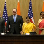 New Delhi: External Affairs Minister Sushma Swaraj and Defence Minister Nirmala Sitharaman with US Secretary of State Mike Pompeo and Defence Secretary James Mattis during a press briefing after the India-US 2+2 Strategic Dialogue meeting, in New Delhi on Sept 6, 2018. (Photo: IANS/DPRO) by . 
