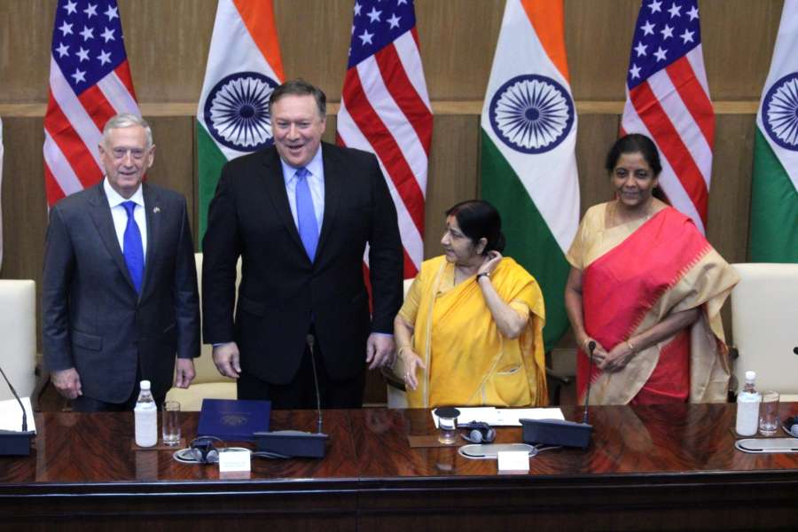 New Delhi: External Affairs Minister Sushma Swaraj and Defence Minister Nirmala Sitharaman with US Secretary of State Mike Pompeo and Defence Secretary Jim Mattis during high-level 2+2 dialogue in New Delhi on Sept 6, 2018. (Photo: Amlan Paliwal/IANS) by . 