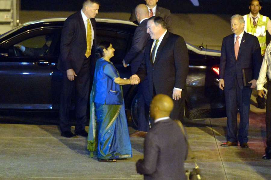 New Delhi: External Affairs Minister Sushma Swaraj greets US Secretary of State Mike Pompeo on his arrival at Palam Airforce Station, to attend first ever '2+2 Dialogue' between the two nations, in New Delhi on Sept 5, 2018. (Photo: IANS) by . 