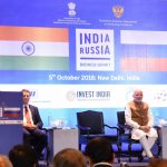 New Delhi: Russian President Vladimir Putin addresses at India-Russia Business Summit, in New Delhi, on Oct 05, 2018. Also seen Prime Minister Narendra Modi and Union Commerce and Industry Minister Suresh Prabhakar Prabhu. (Photo: IANS/PIB) by . 