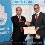 The United Nations Under-Secretary-General for Field Operations, Atul Khare, left, receives India's contribution of $300,000 from India's Permanent Representative Syed Akbaruddin. The contribution is for the UN's "Pipeline to Peacekeeping Command Programme." (Photo: Indian Mission/IANS) by . 