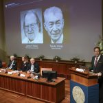 STOCKHOLM, Oct. 1, 2018 (Xinhua) -- Members of the Nobel Committee for Physiology or Medicine announce two scientists James P. Allison (L, screen) of U.S. and Tasuku Honjo (R, screen) of Japan share 2018 Nobel Prize in Physiology or Medicine during a press conference at the Karolinska Institute in Stockholm, Sweden, on Oct. 1, 2018. The Nobel assembly at the Karolinska Institute has decided to award the 2018 physiology or medicine prize jointly to James P. Allison and Tasuku Honjo for their discovery of cancer therapy by inhibition of negative immune regulation. (Xinhua/Ye Pingfan/IANS) by .