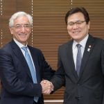 Seoul: Financial Services Commission (FSC) Chairman Choi Jong-ku (R) shakes hands with Ronald Cohen, chairman of the Global Social Impact Investment Steering Group (GSG), during their meeting in Seoul on Feb. 22, 2018, in this photo provided by the FSC.(Yonhap/IANS) by . 