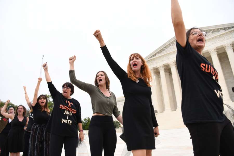 WASHINGTON, Oct. 7, 2018 (Xinhua) -- Protesters gather outside the U.S. Supreme Court after the U.S. Senate voted to confirm the Supreme Court nomination of Brett Kavanaugh in Washington D.C., the United States, on Oct. 6, 2018. The U.S. Senate on Saturday narrowly confirmed President Donald Trump's Supreme Court pick Brett Kavanaugh in its final floor vote, following a fierce partisan fight over sexual misconduct allegations against the nominee. (Xinhua/Liu Jie/IANS) by . 