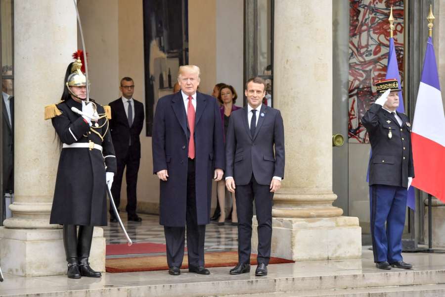 PARIS, Nov. 10, 2018 (Xinhua) -- French President Emmanuel Macron (C, R) poses with visiting U.S. President Donald Trump at the Elysee Palace in Paris, France, on Nov. 10, 2018. On the eve of the centenary of the World War I armistice, French President Emmanuel Macron met here with visiting U.S. President Donald Trump Saturday, as the latter called for more fairness in security cooperation with Europe. (Xinhua/Chen Yichen/IANS) by . 