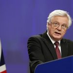 BRUSSELS, March 19, 2018 (Xinhua) -- British Brexit Secretary David Davis addresses the press conference with European Union's chief Brexit negotiator Michel Barnier (not seen) after a new round of negotiations on Brexit talks in Brussels, Belgium, March 19, 2018. (Xinhua/Ye Pingfan/IANS) by . 