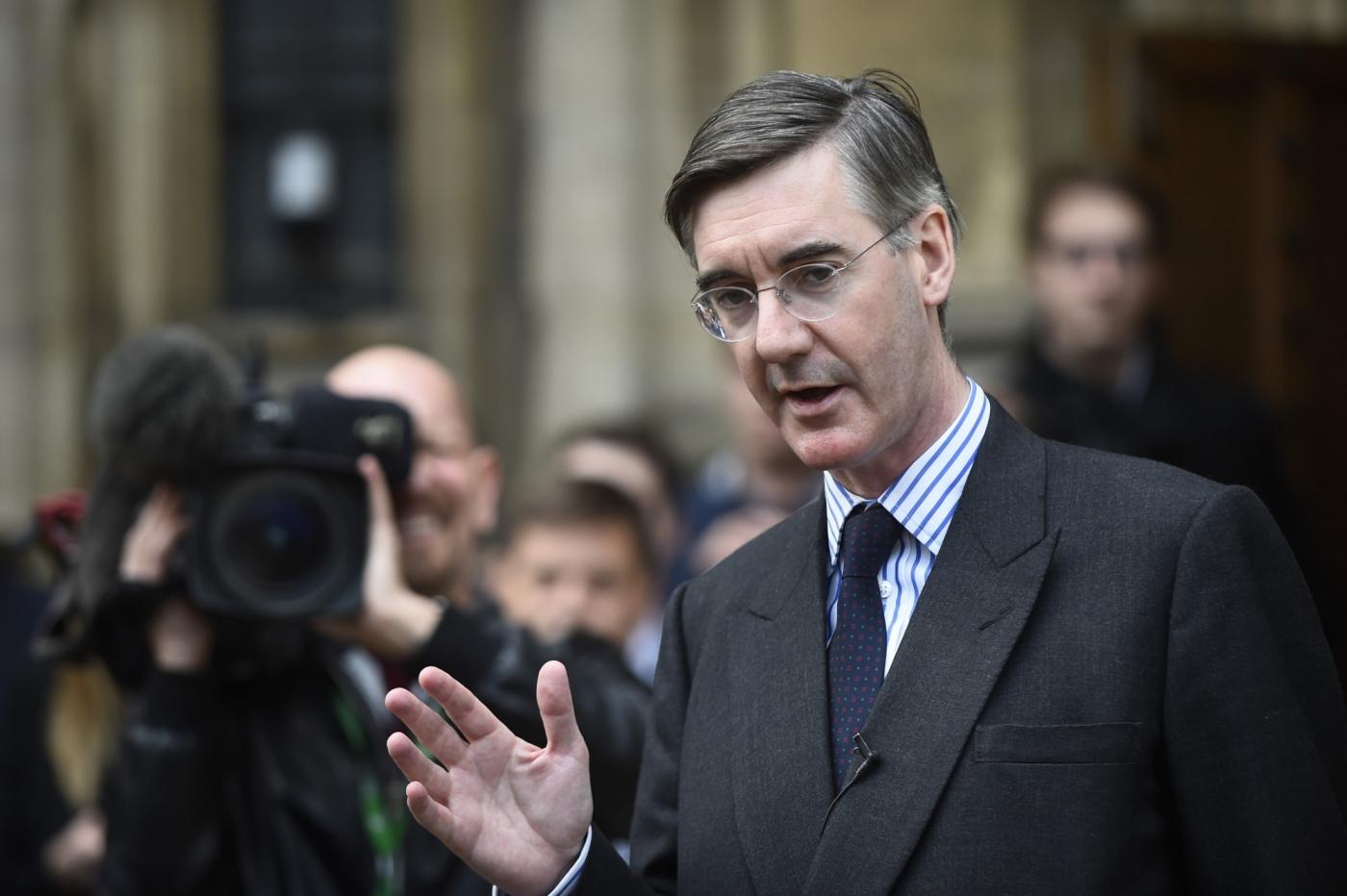 LONDON, Nov. 15, 2018 (Xinhua) -- Jacob Rees-Mogg, a member of the UK parliament and chairman of the European Research Group, speaks to the media outside the Houses of Parliament in London, Britain, on Nov. 15, 2018. Brexit-supporting Conservative MP Jacob Rees-Mogg sought a non-confidence vote over British Prime Minister Theresa May's draft agreement to leave the European Union (EU) in March 2019. (Xinhua/Stephen Chung/IANS) by . 