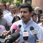 New Delhi: Union MoS Information and Broadcasting Rajyavardhan Singh Rathore talks to the media after flagging off 9 Digital Satellite News Gathering (DSNG) Vans of Doordarshan, in New Delhi on Sept 10, 2018. (Photo: IANS/PIB) by .