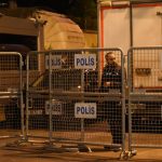 ISTANBUL, Oct. 15, 2018 (Xinhua) -- A Turkish policeman stands outside the Saudi consulate in Istanbul, Turkey, Oct. 15, 2018. A Turkish team entered the Saudi consulate in Istanbul on Monday evening to conduct a search over the disappearance of the Saudi journalist Jamal Khashoggi, live broadcast showed. (Xinhua/He Canling/IANS) by . 
