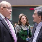BRUSSELS, March 12, 2018 (Xinhua) -- German Finance Minister Peter Altmaier (L) talks with Greek Finance Minister Euclid Tsakalotos (R) prior to a meeting of Eurogroup finance ministers in Brussels, Belgium, March 12, 2018. Eurogroup President Mario Centeno said Monday that the eurozone bailout fund is expected to disburse the next tranche, worth 5.7 billion euros (7.03 billion U.S. dollars), to Greece in the second half of March. (Xinhua/Thierry Monass/IANS) by .