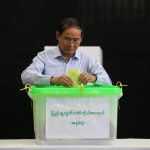 YANGON, Nov. 3, 2018 (Xinhua) -- Myanmar President U Win Myint casts ballot at a polling station in Yangon, Myanmar, Nov. 3, 2018. Myanmar President U Win Myint cast his votes in Yangon's Tarmwe township constituency on Saturday, hours after the country's parliamentary by-elections kicked off in the morning. (Xinhua/U Aung/IANS) by . 