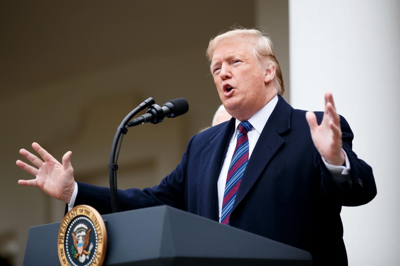 WASHINGTON, Jan. 4, 2019 (Xinhua) -- U.S. President Donald Trump speaks during a press conference at the White House Rose Garden in Washington D.C., the United States, on Jan. 4, 2019. Trump said Friday that he's prepared for a partial government shutdown to last for months or years, after his meeting with Congressional leaders yielded no deal on funding for a U.S.-Mexico border wall. (Xinhua/Ting Shen/IANS) by . 