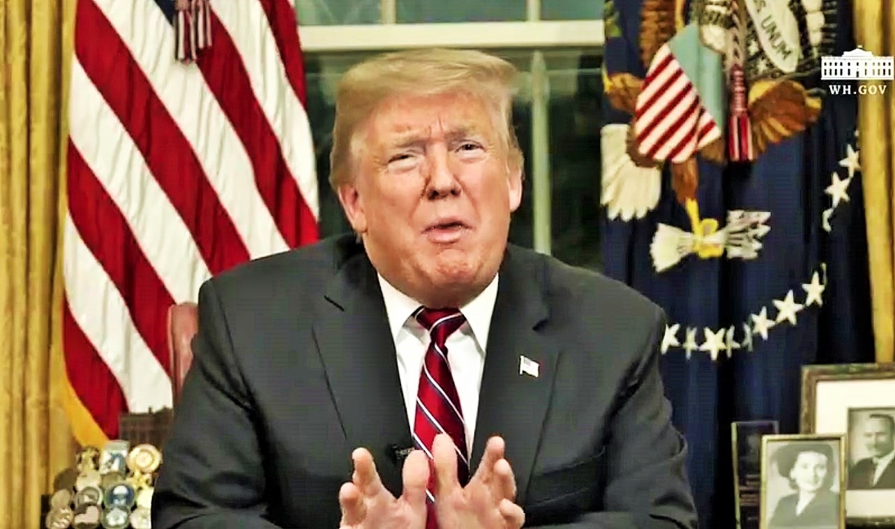 United States President Donald Trump addresses the nation from the Oval Office on Tuesday, Jan. 8 2019. (Photo: White House/IANS) by .