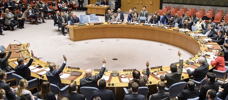 All the 15 United Nations Security Council members raise their hands to vote on Feb. 24, 2018, for a resolution demanding a ceasefire in Syria. (Photo: UN/IANS) by . 