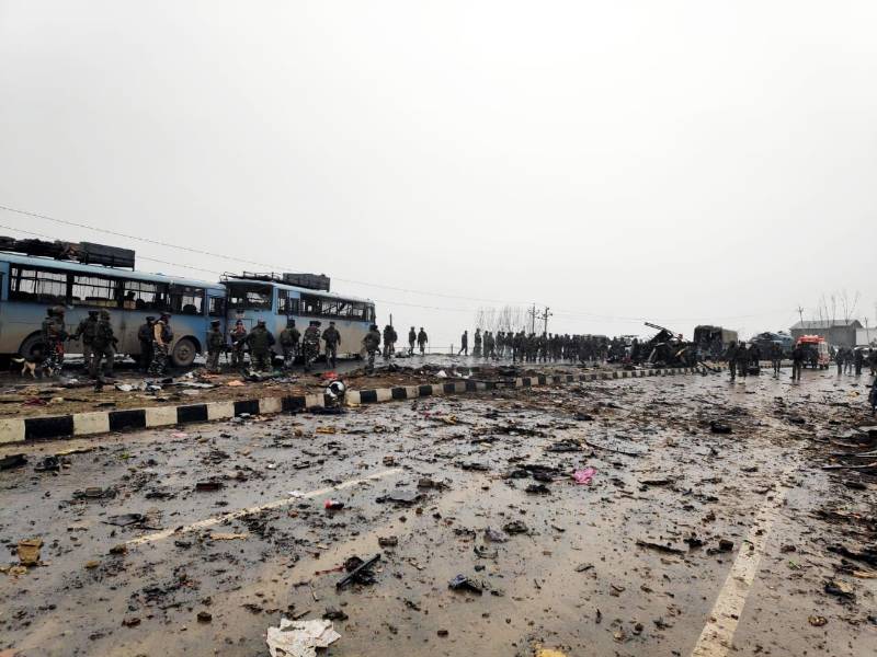 Pulwama: The site on on the Srinagar-Jammu highway where 10 Central Reserve Police Force (CRPF) troopers were killed and 15 others injured in an audacious suicide attack by militants in Jammu and Kashmir's Pulwama district on Feb 14, 2019. All the injured have been shifted to the Army's Base Hospital in Srinagar. (Photo: IANS) by .