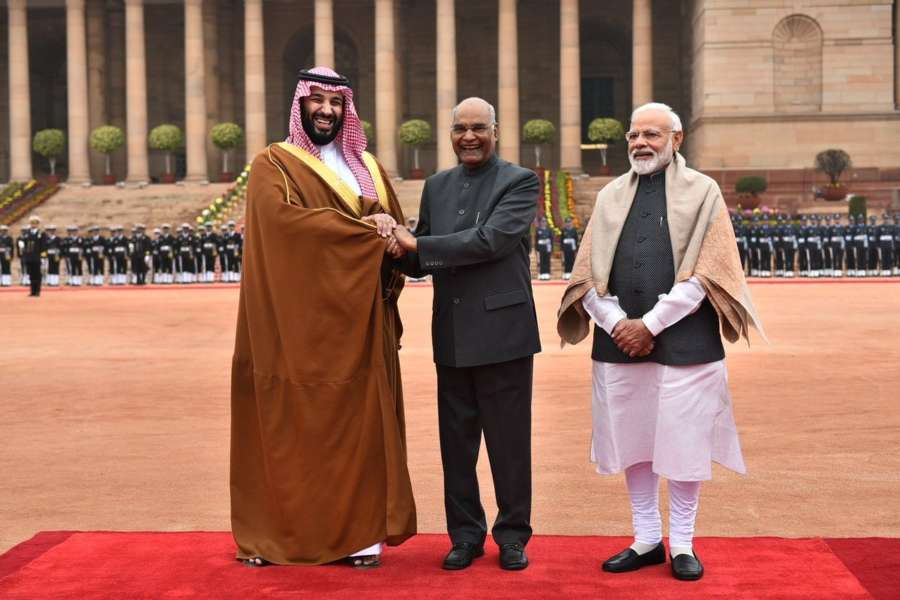 New Delhi: Saudi Crown Prince Mohammed bin Salman meets President Ram Nath Kovind and Prime Minister Narendra Modi during his ceremonial welcome in New Delhi, on Feb 20, 2019. (Photo: IANS/MEA) by . 
