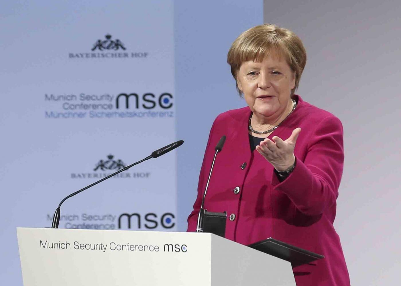 Munich: Feb. 16, 2019 (Xinhua) --German Chancellor Angela Merkel addresses the 55th Munich Security Conference (MSC) in Munich, Germany, on Feb. 16, 2019. (Xinhua/Ye Pingfan) by . 