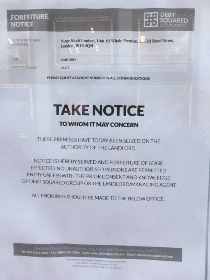 A copy of the Take Notice whereby fugitive diamantaire Nirav Modi's former shop in Old Bond Street, Mayfair, London was seized. by . 
