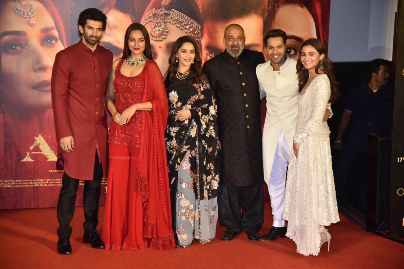 Mumbai: Actors Aditya Roy Kapoor, Sonakshi Sinha, Madhuri Dixit Nene, Sanjay Dutt, Alia Bhatt and Varun Dhawan at the teaser launch of their upcoming film "Kalank" in Mumbai, on March 12, 2019. (Photo: IANS) by . 