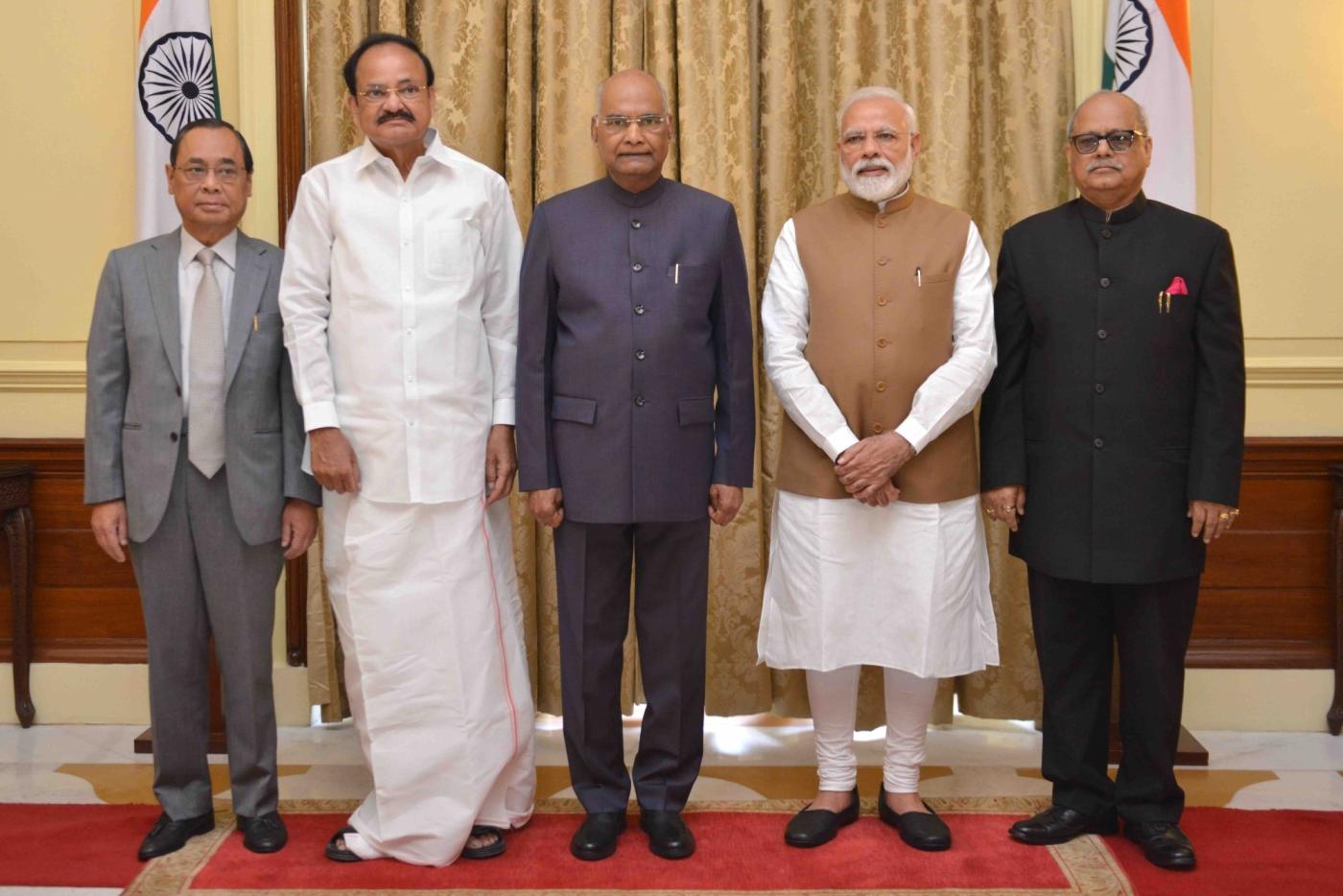 New Delhi: President Ram Nath Kovind, with Vice President M. Venkaiah Naidu, Prime Minister Narendra Modi and Chief Justice of India Ranjan Gogoi during the swearing-in-ceremony of Justice Pinaki Chandra Ghose, as the first Lokpal of India at Rashtrapati Bhavan on March 23, 2019. (Photo IANS/RB) by . 