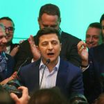 Kiev, April 21, 2019 (Xinhua) -- Ukraine's presidential candidate and actor Volodymyr Zelensky (C) delivers a speech at his campaign headquarters in Kiev, Ukraine, April 21, 2019. Ukrainian actor Volodymyr Zelensky thanked voters for supporting him in the second round of the country's presidential election held on Sunday. Earlier in the day, the national exit poll showed that Zelensky won the country's presidential election by gaining 73.2 percent of the votes in the second round as of 6 p.m. local time (1500 GMT). (Xinhua/Sergey/IANS) by .