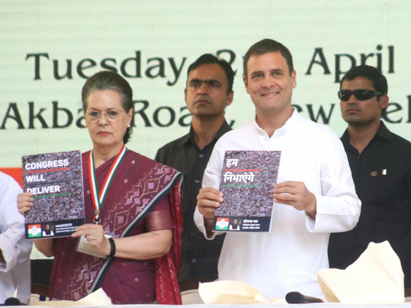 New Delhi: Congress leaders Sonia Gandhi, Rahul Gandhi and Manmohan Singh release the party's election manifesto for the 2019 Lok Sabha polls in New Delhi, on April 2, 2019. (Photo: IANS) by . 