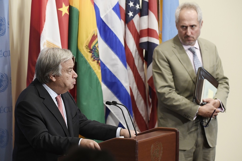 United Nations Secretary-General Antonio Guterres, left, with his Spokesperson Stephane Dujarric. (Photo: UN/IANS) by . 