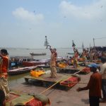 Varanasi: Priests performing daily Ganga aarti in the afternoon at Dashashwamedh Ghat in view of the lunar eclipse in Varanasi, on July 27, 2018. The Century's longest lunar eclipse or Chandra Grahan will be visible tonight form 10:44 pm tonight and it will end at 4:58 am on July 28. The total lunar eclipse duration will be 103 minutes or 1 hour 43 minutes long. (Photo: IANS) by . 
