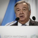 KATOWICE, Dec. 3, 2018 (Xinhua) -- United Nations (UN) Secretary-General Antonio Guterres addresses the UN Climate Change Conference in Katowice, Poland, Dec. 3, 2018. Delegates from nearly 200 countries began talks on Sunday on urgent actions to curb climate change three years after the landmark Paris Climate Change Agreement set a goal of keeping global warming below 2 degrees Celsius. The two-week UN Climate Change Conference, known as COP24, is held in the southern Polish city of Katowice. (Xinhua/Jaap Arriens/IANS) by . 