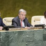 United Nations Secretary-General Antonio Guterres, flanked by Vladimir Voronkov, Under-Secretary-General of the UN Office of Counter-Terrorism, left, and Atefeh Riazi, Assistant Secretary-General for Information and Communications Technology, speaks at the high-level event to launch the UN Countering Terrorist Travel Programme on Tuesday, May 7, 2019. (Photo: UN/IANS) by .