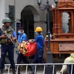 COLOMBO, April 27, 2019 (Xinhua) -- Workers clear away debris and shattered glass amid tight security outside St. Anthony's Church, one of the targets in a series of bomb blasts targeting churches and luxury hotels on Sunday in Colombo, Sri Lanka, on April 27, 2019. (Xinhua/A. Hapuarachchi/IANS) by A.HAPUARACHCHI. 