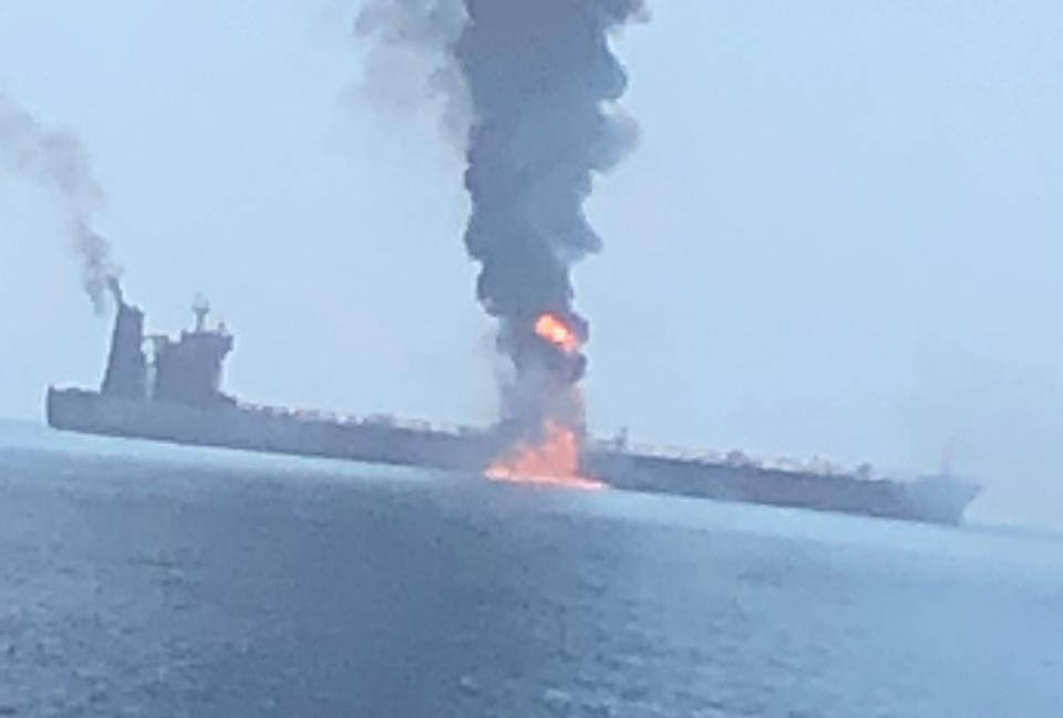 Doha: Two oil tankers were hit in a suspected attack in the Gulf of Oman and all crew members onborad were evacuated, on June 13, 2019. The tankers were struck in the same area where the US accused Iran of using naval mines to sabotage four other oil ships in an attack last month. (Photo: IANS) by .