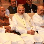 New Delhi: Prime Minister Narendra Modi with party president Amit Shah (R) and Rajnath Singh (L) at BJP parliamentary party meeting at Parliament House on March 13, 2018. (Photo: Amlan Paliwal/IANS) by . 