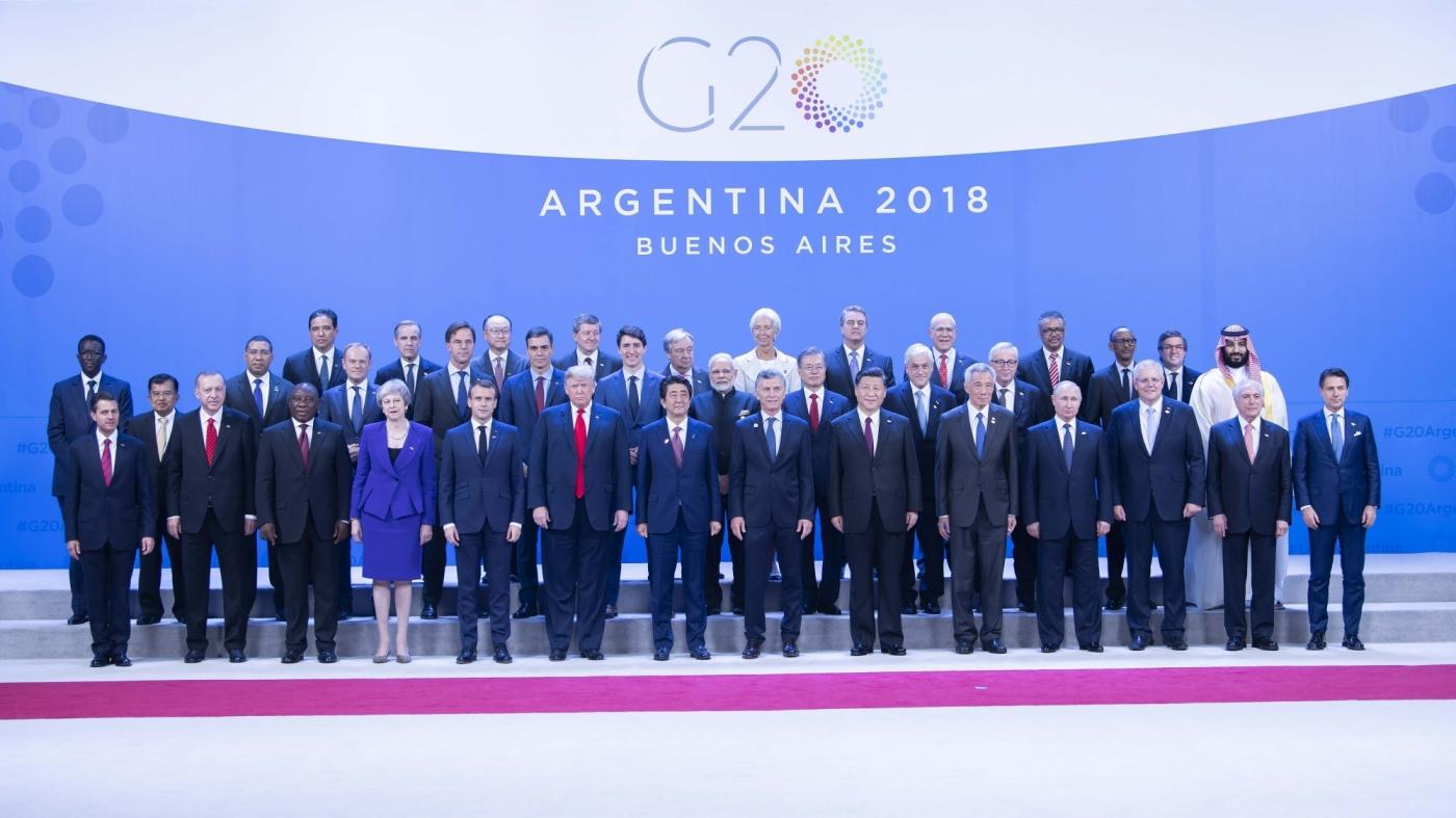 BUENOS AIRES, Nov. 30, 2018 (Xinhua) -- Chinese President Xi Jinping (6th R, front) poses for a group photo with other leaders attending the 13th summit of the Group of 20 (G20) in Buenos Aires, Argentina, Nov. 30, 2018. The 13th G20 summit is held here on Friday. Xi Jinping delivered a speech titled "Look Beyond the Horizon and Steer the World Economy in the Right Direction" at the first session of the summit. (Xinhua/Li Tao/IANS) by . 