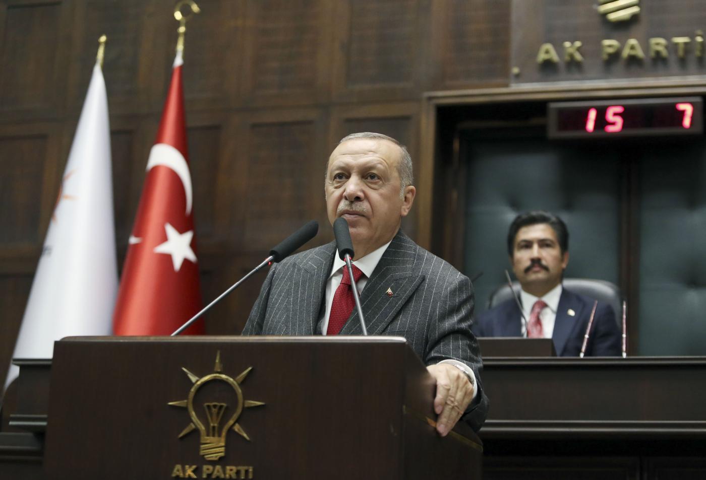 ANKARA, May 7, 2019 (Xinhua) -- Turkish President Recep Tayyip Erdogan (front) speaks to members of his ruling Justice and Development Party (AKP) during their parliamentary group meeting in Ankara, Turkey, on May 7, 2019. (Xinhua/Mustafa Kaya/IANS) by Mustafa Kaya.