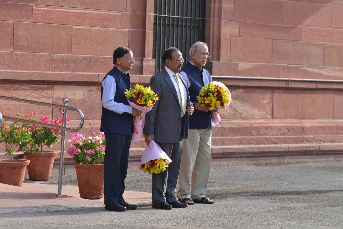 New Delhi: Principal Secretary to the Prime Minister, Nripendra Misra, National Security Adviser Ajit Doval and the Additional Principal Secretary to the Prime Minister P.K. Mishra as they wait for the arrival of Prime Minister Narendra Modi, at South Block in New Delhi, on May 31, 2019. (Photo: IANS) by . 